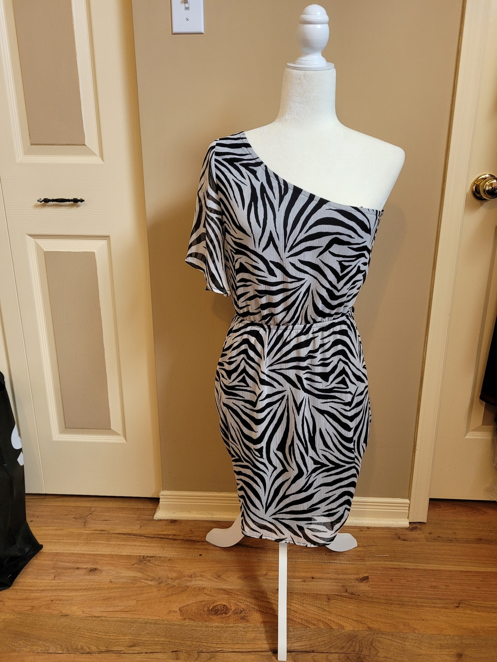 Dynamite One-Shoulder Zebra Print Dress in Black and White